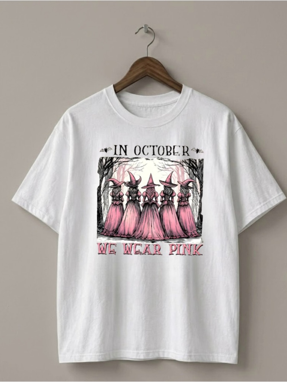 In October We Wear Pink Witch Halloween Vibe Graphic T-Shirt Cancer Pink Ribbon